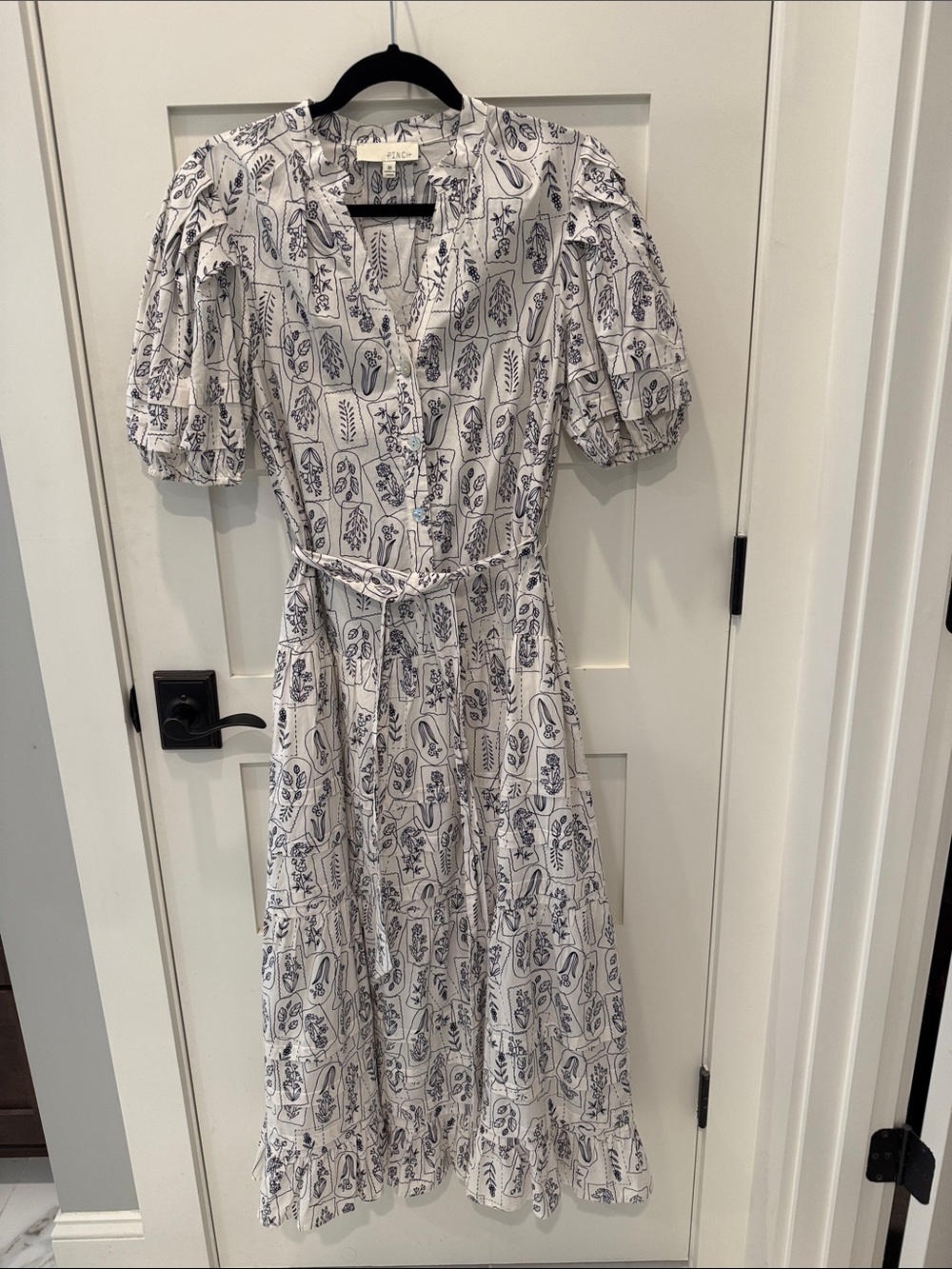 Pinch white and navy botanical midi dress lined
